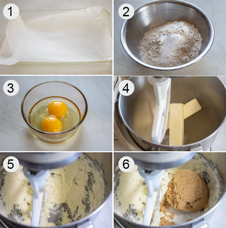 Parchment lined baking pan. Dry ingredients in bowl. Eggs in small bowl. Butter placed in mixing bowl.