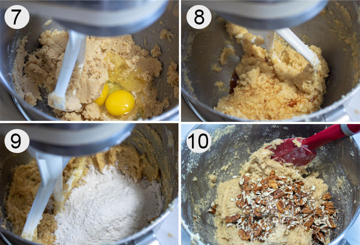 Eggs added to butter mixture. Vanilla added to butter. Dry ingredients incorporated into wet. Chopped nuts on cutting board.