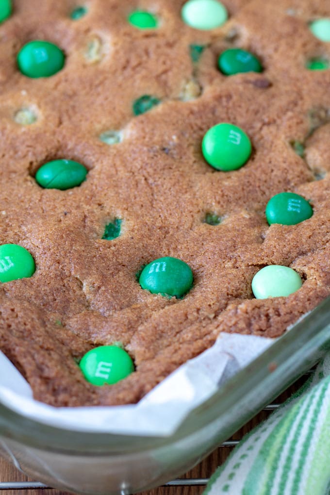 Close up of cookie bars in pan.