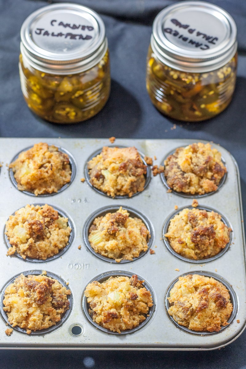 muffin tin with cornbread & sausage stuffin muffins
