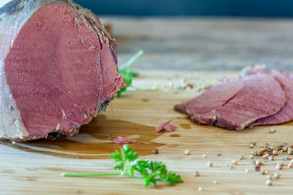 Whole corned venison roast, after corning process and cooking