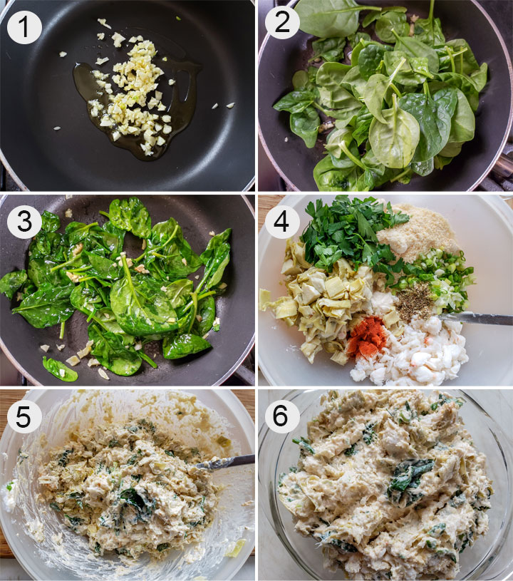 garlic in saute pan. Spinach added. Wilted spinach. All ingredients in large bowl. Mixed up ingredients. Dip in casserole.