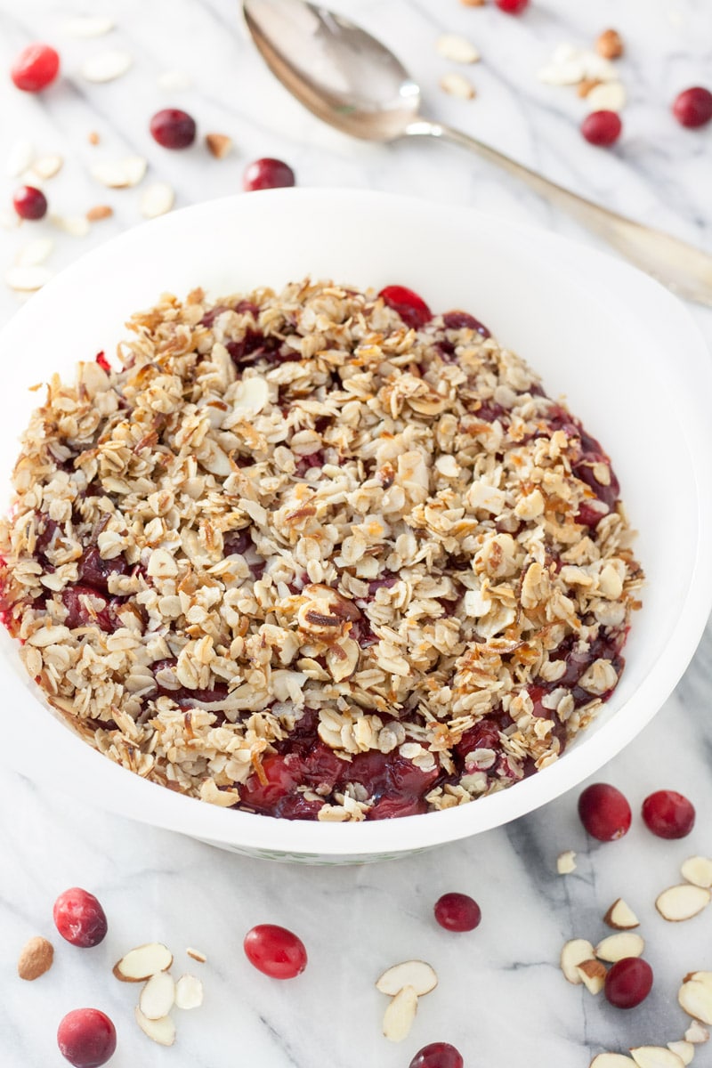cranberry cherry crisp in white casserole for july 4th recipe