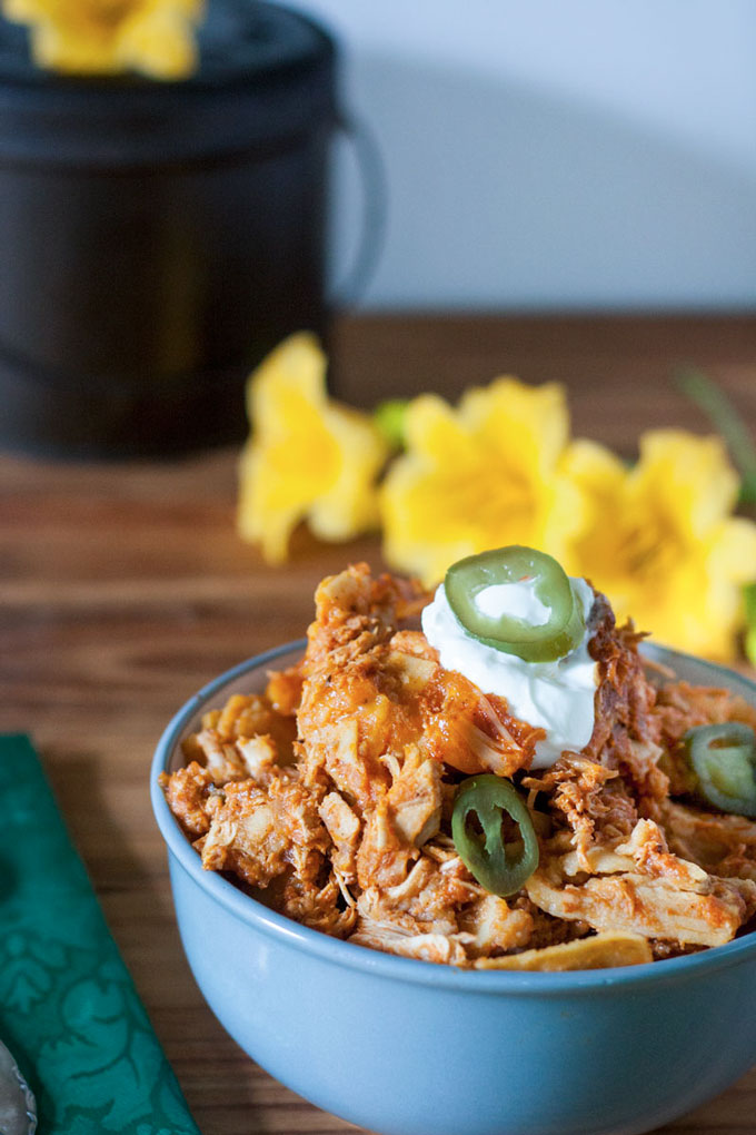 enchilada casserole in gray bowl