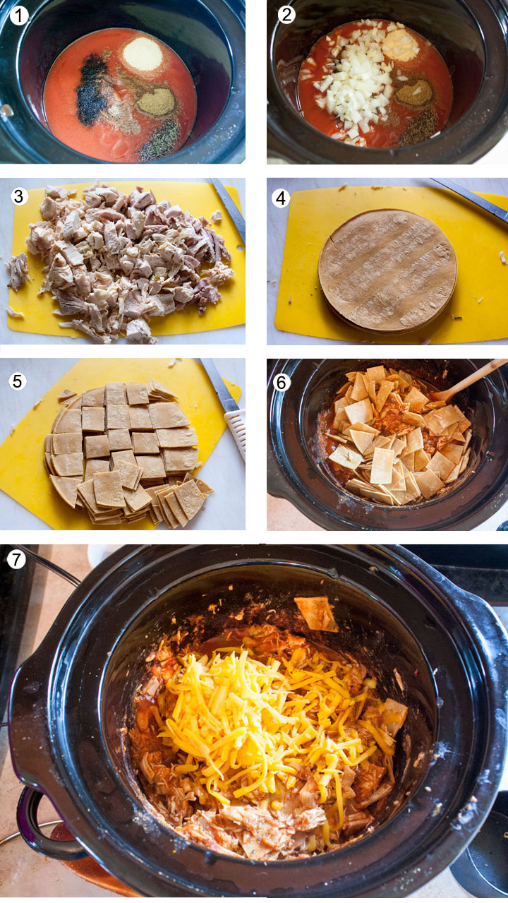 tomato sauce and spices in crockpot. diced onion added to crockpot. chicken diced on yellow cuuting board. stack of corn tortillas. tortillas cut up into bite sized squares
