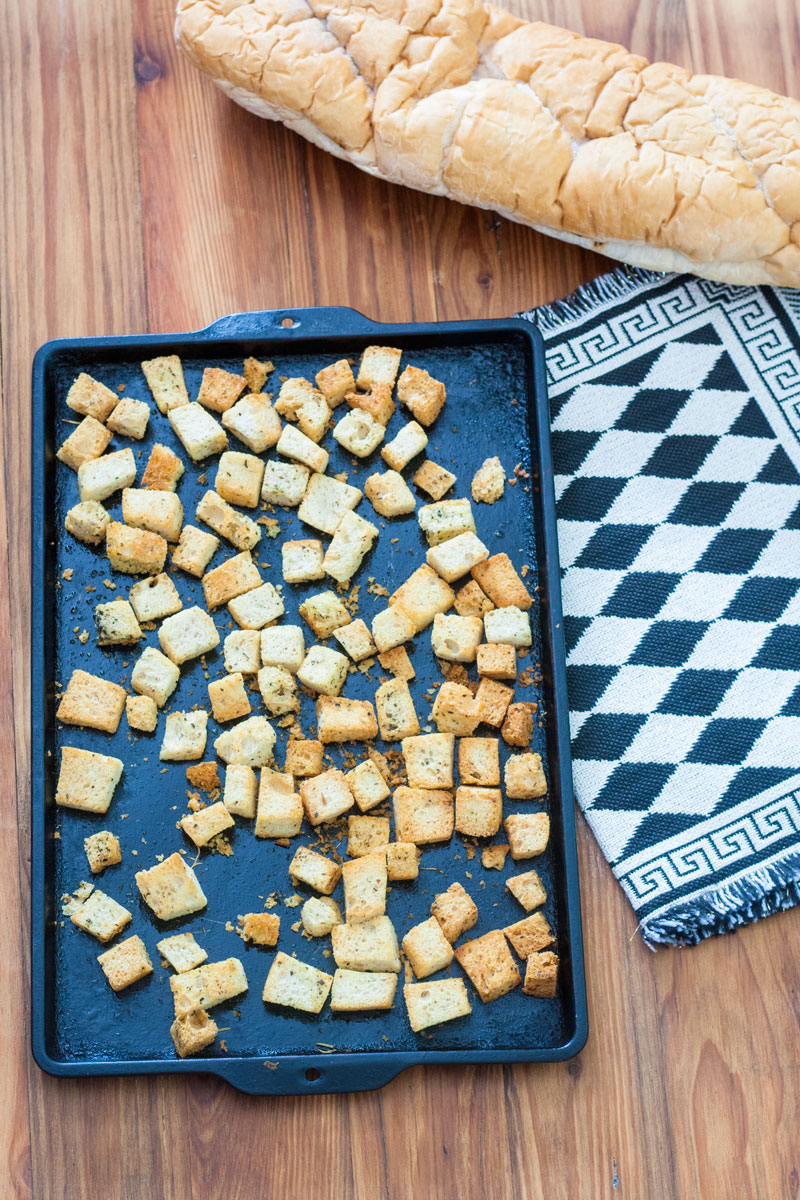 Overhead photo with large loaf of French bread.
