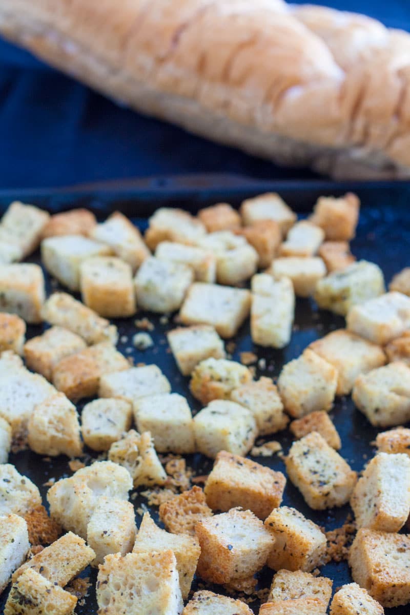 Close up of croutons.
