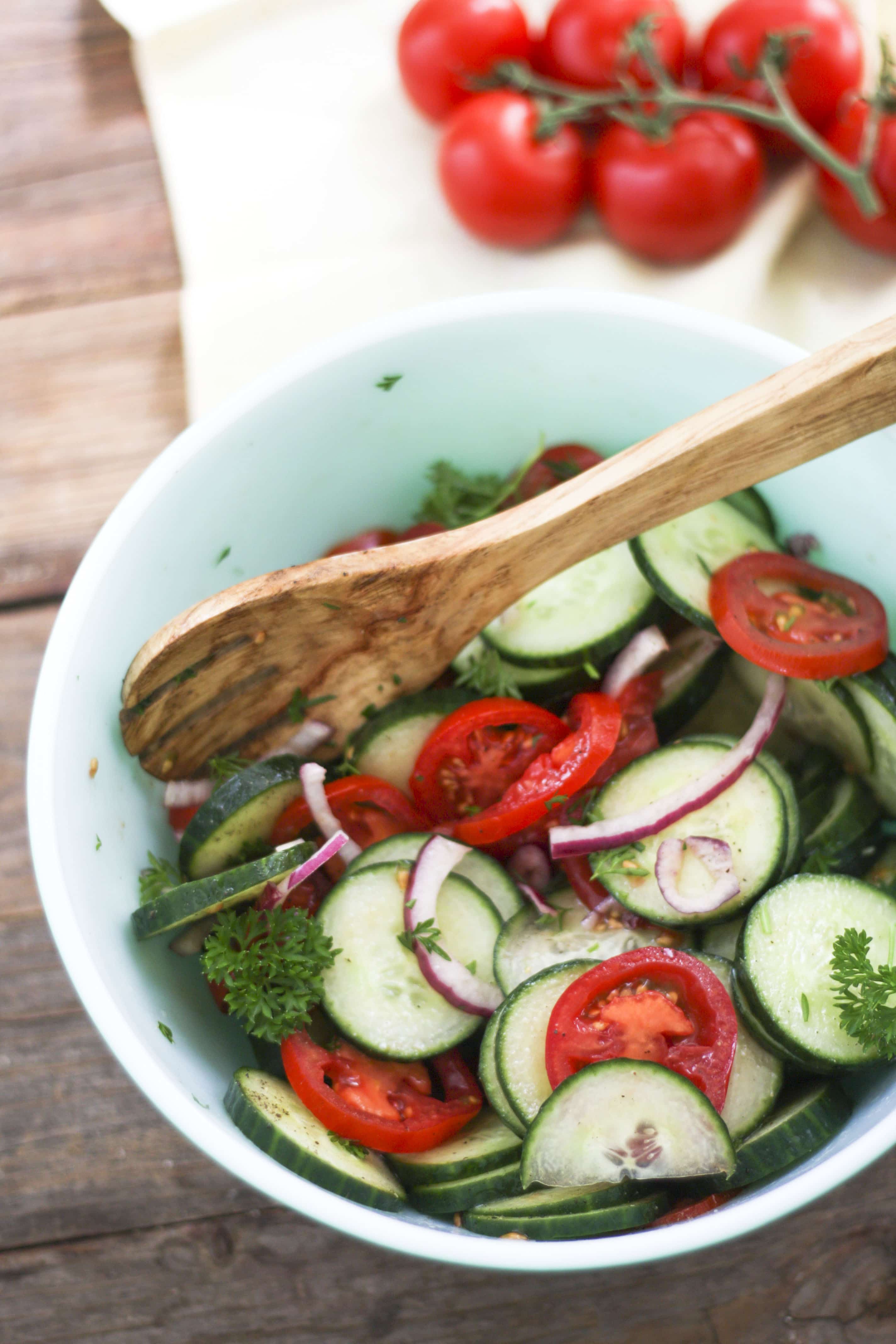 Cucumbers, Tomato and red onion, sliced 