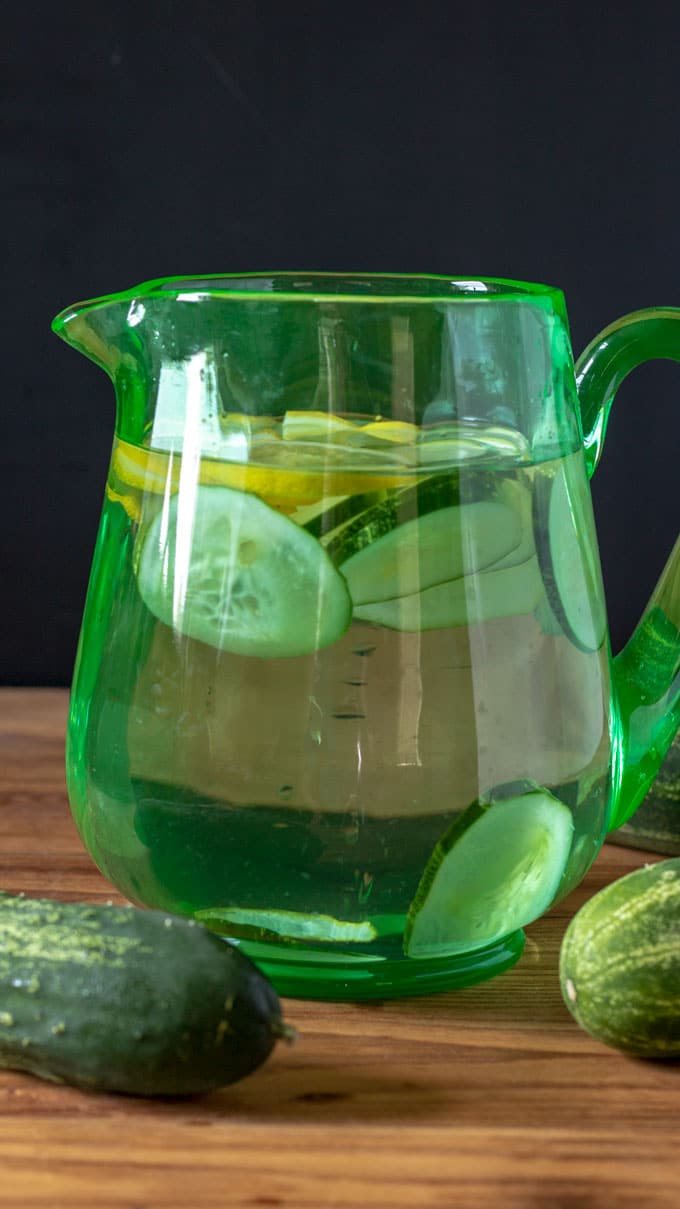 antique green pitcher with spa water