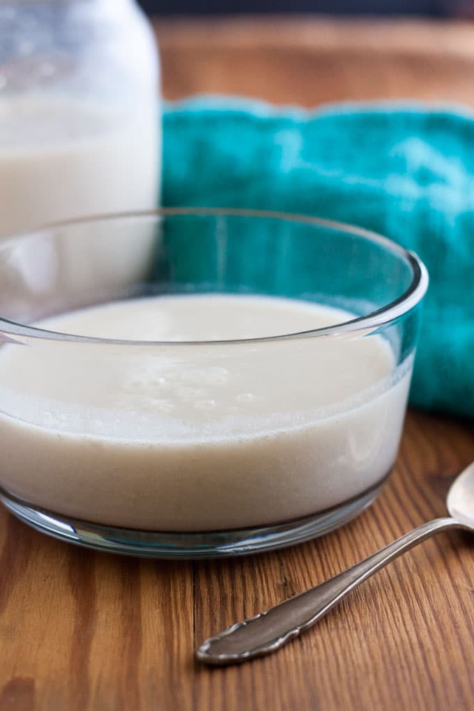 Dairy free evaporated milk in glass bowl