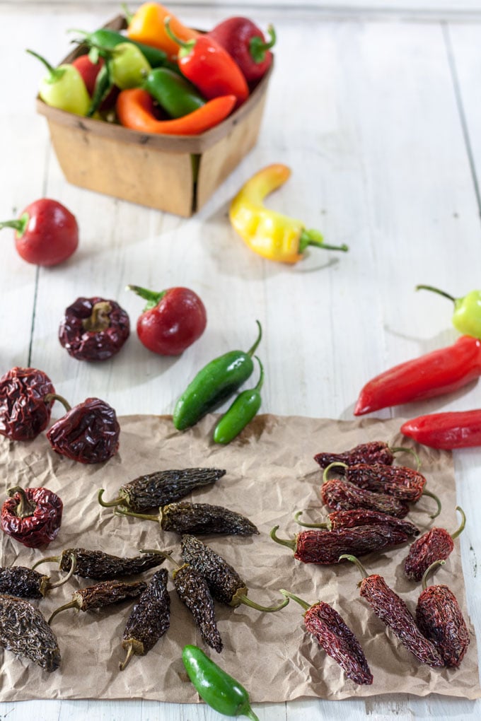 Dried and colorful fresh peppers on white background