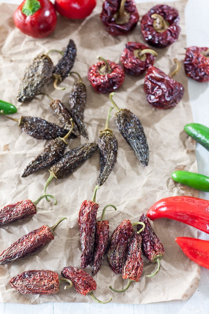 dried peppers on crinkled brown paper
