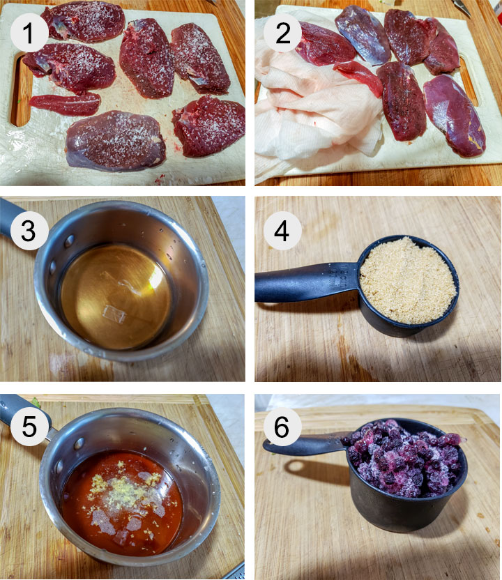 Duck on board with salt. Duck rinsed and dried with paper towel. Vinegar in small pot. Measured brown sugar. Onion and garlic grated into pot. Frozen blueberries in cup.