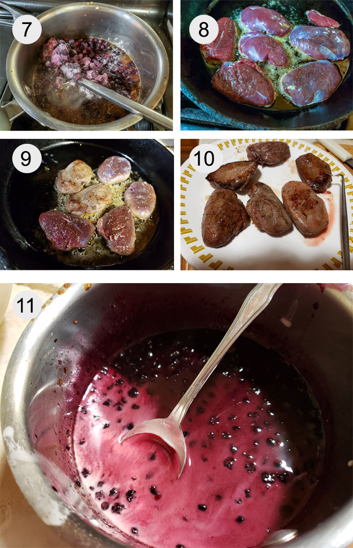Blueberries added to pot. Duck breasts added to cast iron pan. Breasts in cast pan flipped to side. Breasts on plate resting. Cornstarch added to blueberry sauce.