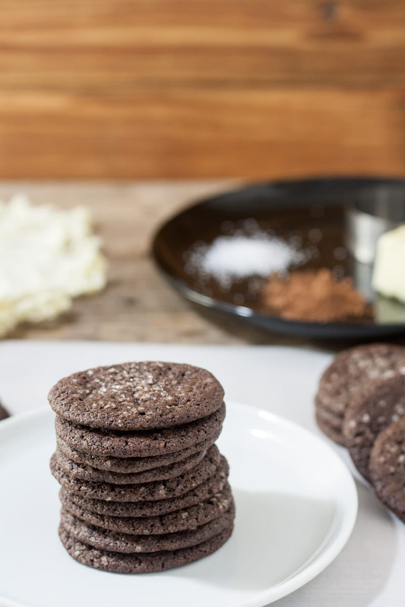 stacked chocolate cookies on white plate for 4th of july recipe