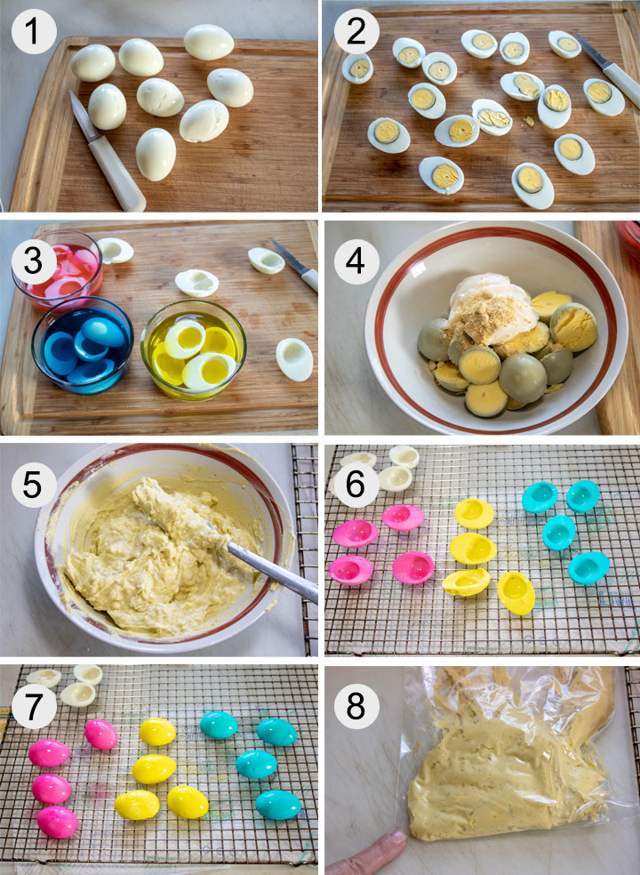 Hard boiled eggs on board. Eggs cut in half. Eggs dyeing in bowl. Mayonnaise added to egg yolks. Yolk filling mixed up in bowl. Egg halves drying on rack. Egg halves turned over so both sides dry. Filling in piping bag.