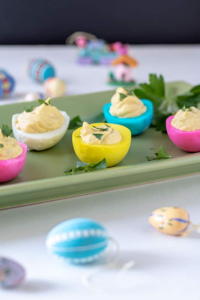 Easter deviled eggs on platter