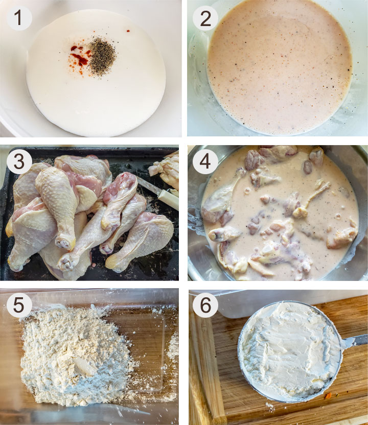 Buttermilk and spices in large bowl for marinade. Marinade mixed up. Cleaned chicken on baking sheet. Chicken pieces added to marinade bowl. Flour in container. Measured corn starch.