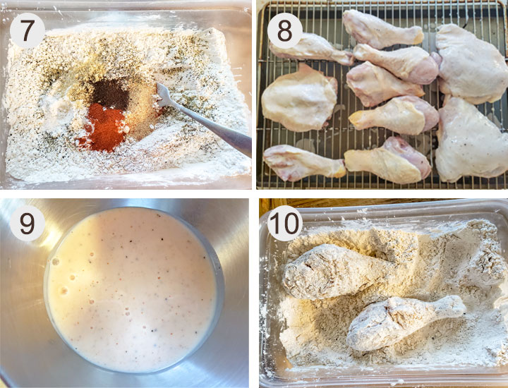 Dry ingredients. chicken on wire rack. Bowl of marinade. Chicken floured.