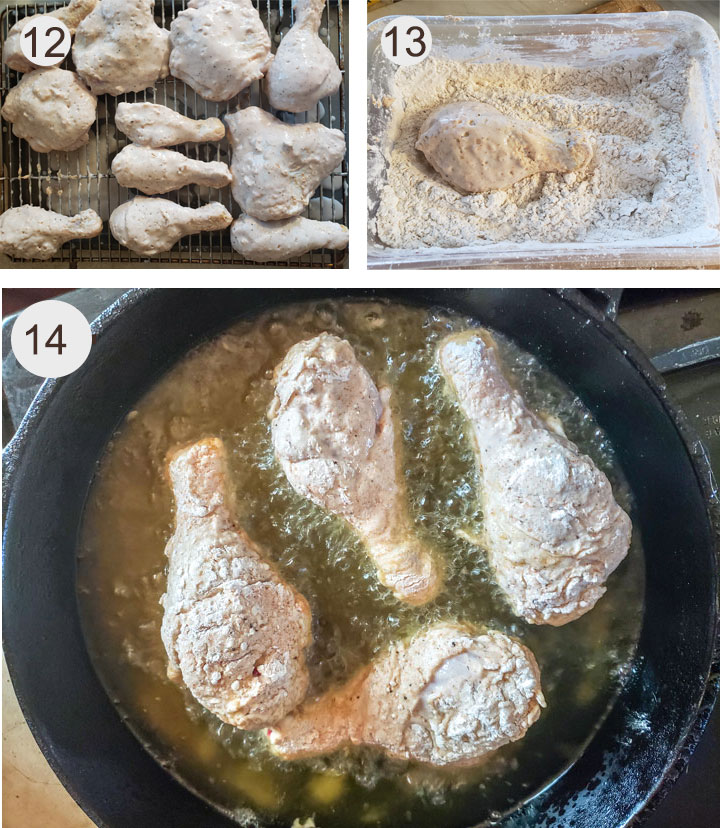 dredged chicken on wire rack. dipped in flour. Frying chicken.