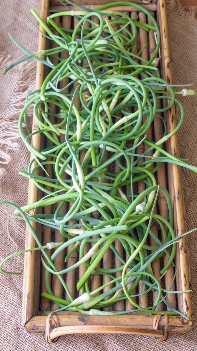 Garlic Scapes on bamboo