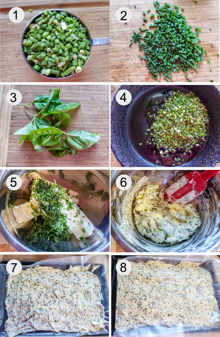 Chopped garlic scape. chopped chives. basil. Sauteing scapes. Herbs and cooled scapes added to butter. Mixed butter. Butter spread on waxed paper. Frozen garlic scape butter. 