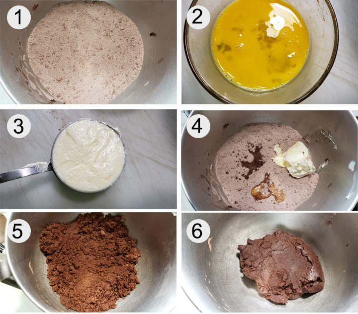 Dry ingredients mixed in bowl. Eggs beaten in bowl. Butter measured in measuring cup. Eggs and butter with dry ingredients. Mixed dough in bowl. Kneaded dough. 2 dough balls on board. Dough rolled between parchment paper.