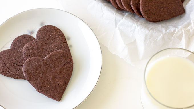 glass of milk next to plate with chocolate cookies