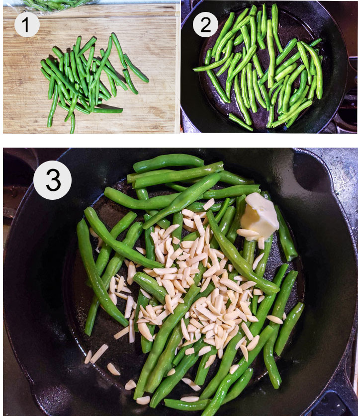 Cleaned green beans. Green beans in pan with a little water. Water drained from pan. Butter and almonds added.