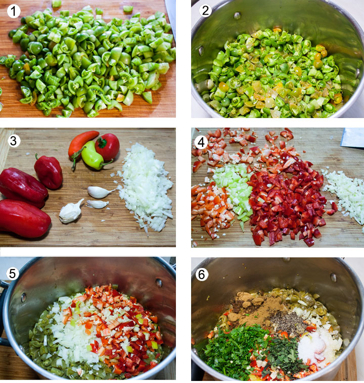 Chopped tomatoes on cutting board. Tomatoes added to pot. Onions chopped on board. Peppers and garlic chopped. Vegetables added to pot. Spices added to pot.