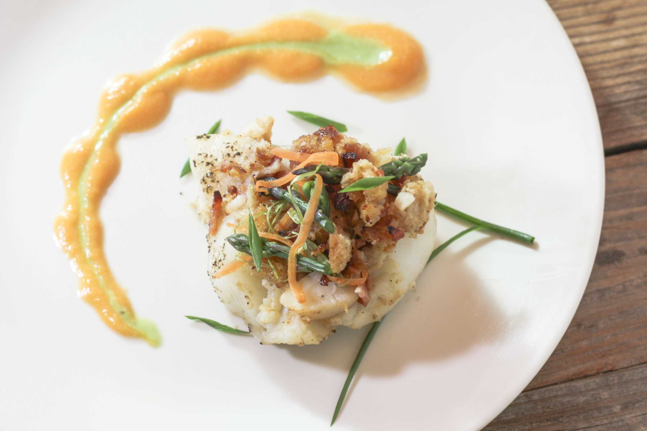 Bacon Horseradish Lobster Stuffed Grouper Recipe on white plate