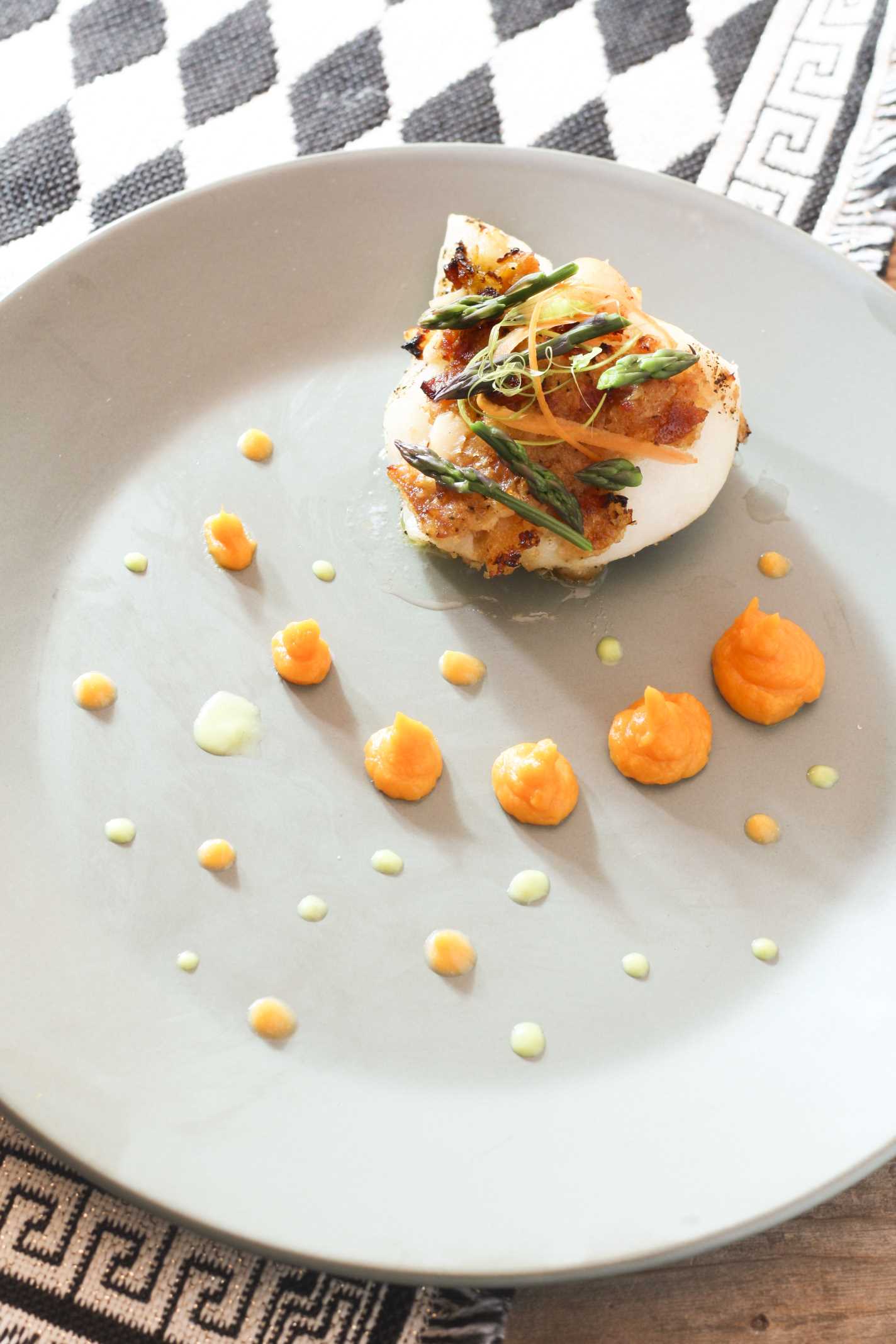 Bacon Horseradish Lobster Stuffed Grouper with asparagus puree