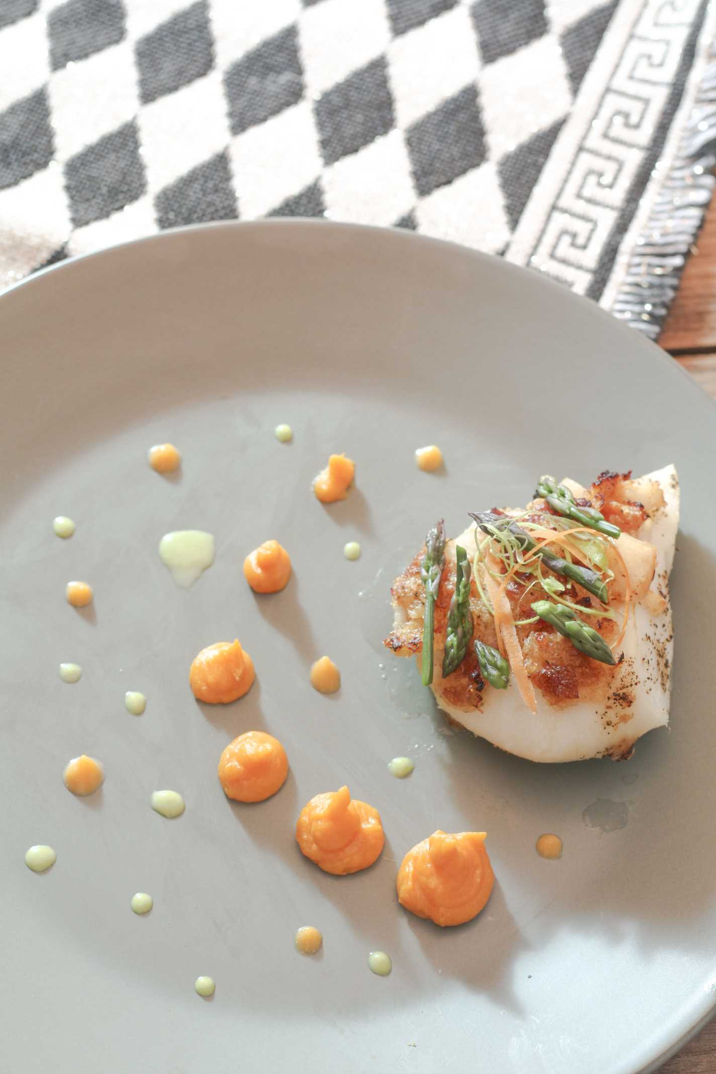 Bacon Horseradish Lobster Stuffed Grouper with asparagus and sweet potato purees