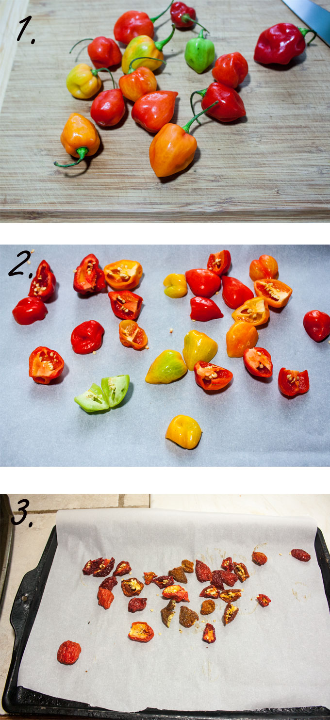 Washed habanero peppers. Peppers cut in half. Dried peppers on sheet.