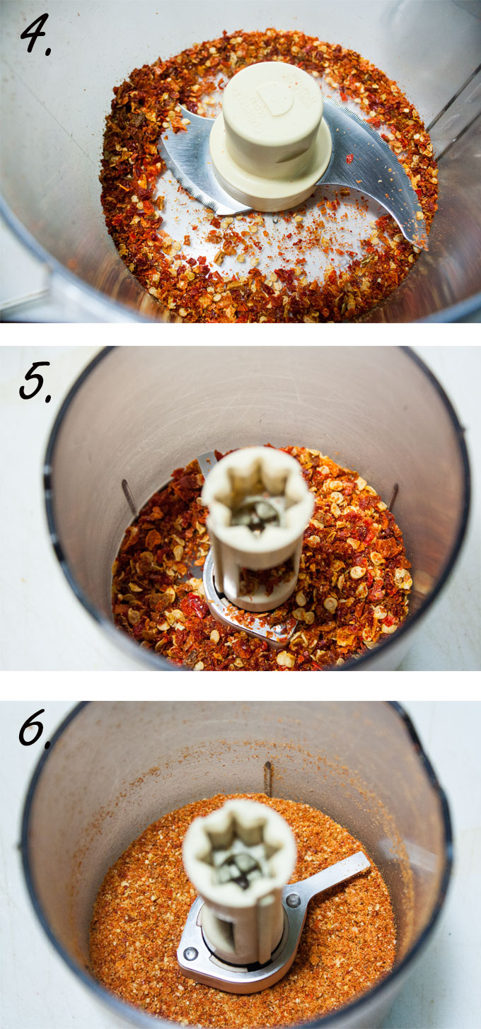 Dried habanero ground in food processor bowl. Habaneros further ground in spice mill. Finely ground habaneros.