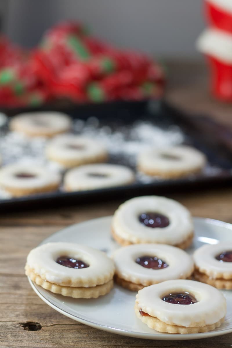Side view of cookies on white plate.