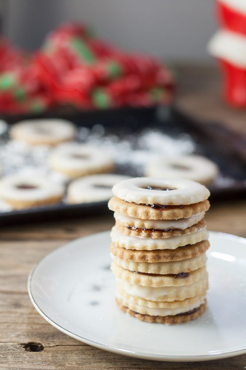Stacked spitzbuben or Hildabrötchen cookies.