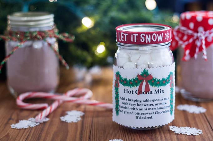 Hot chocolate mix in decorated jars.