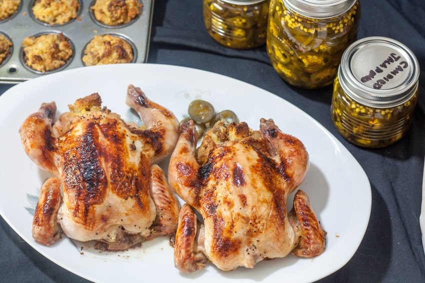 2 game hens on white platter