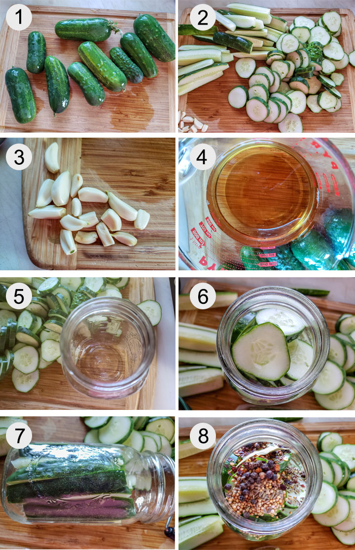 cucumbers on bamboo board. Cucumbers sliced into spears and rounds. Garlic on bamboo board. Vinegar in measuring cup. Empty, sterilized canning jar. Cucumber chips packed into jar. jar layed on side packed with cucmber spears. Spices added to jars.