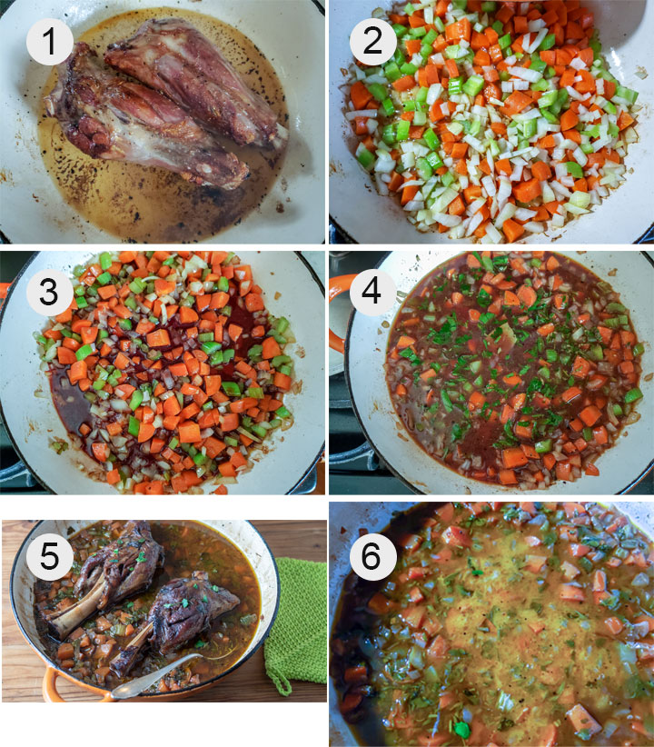 shanks browning in skillet. Veges added. De-glazing with red wine. Broth added. Lamb added back to skillet. Thickening gravy with cornstarch.
