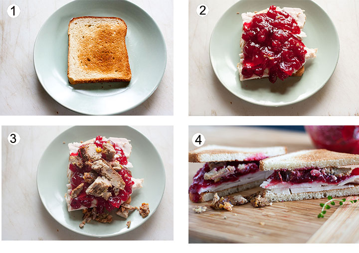 Toasted bread on plate. Turkey added to toast. Cranberry sauce placed on turkey. Stuffing placed on top of cranberry sauce.