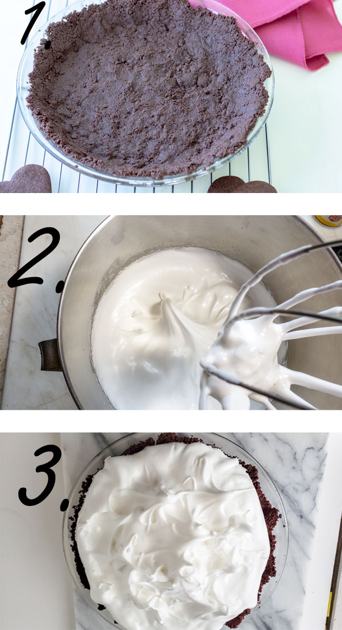 Chocolate pie crust unfilled. Meringue in bowl. Pie filling and meringue added to pie crust. 