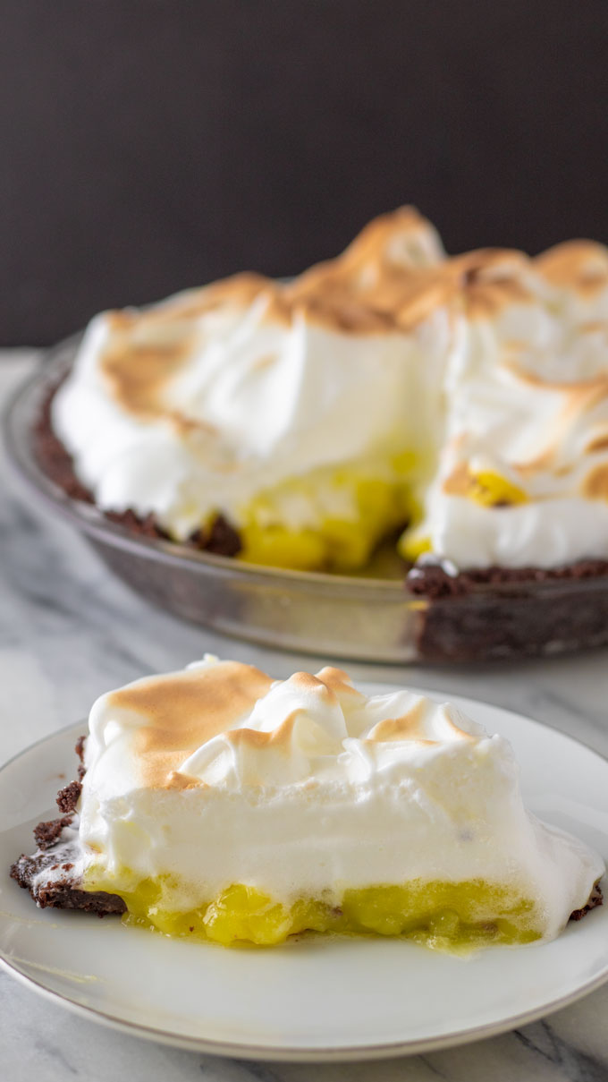 Gluten free lemon meringue pie with chocolate crust.