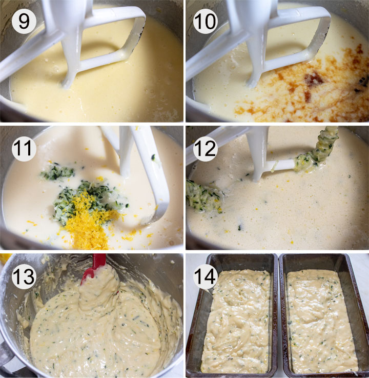 Whipped sugar, light and fluffy stage. Vanilla and lemon added to wet ingredients. Lemon and zucchini added to wet ingredients. Mixed batter. Dry ingredients added to wet ingredients. Bread pans filled with batter.