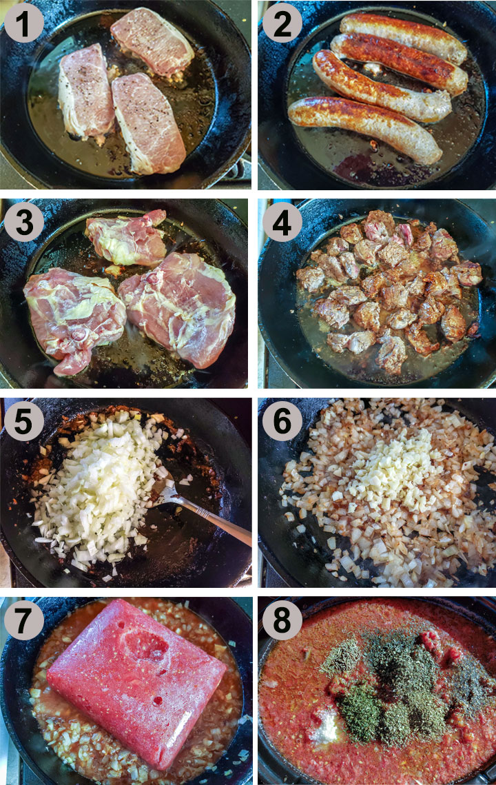 Pork chops browning in cast iron pan. Italian sausage browning. Chicken and Stew Meat browning. Onions sauteing. Garlic added. Tomatoes added to pan. Everything placed in crockpot.