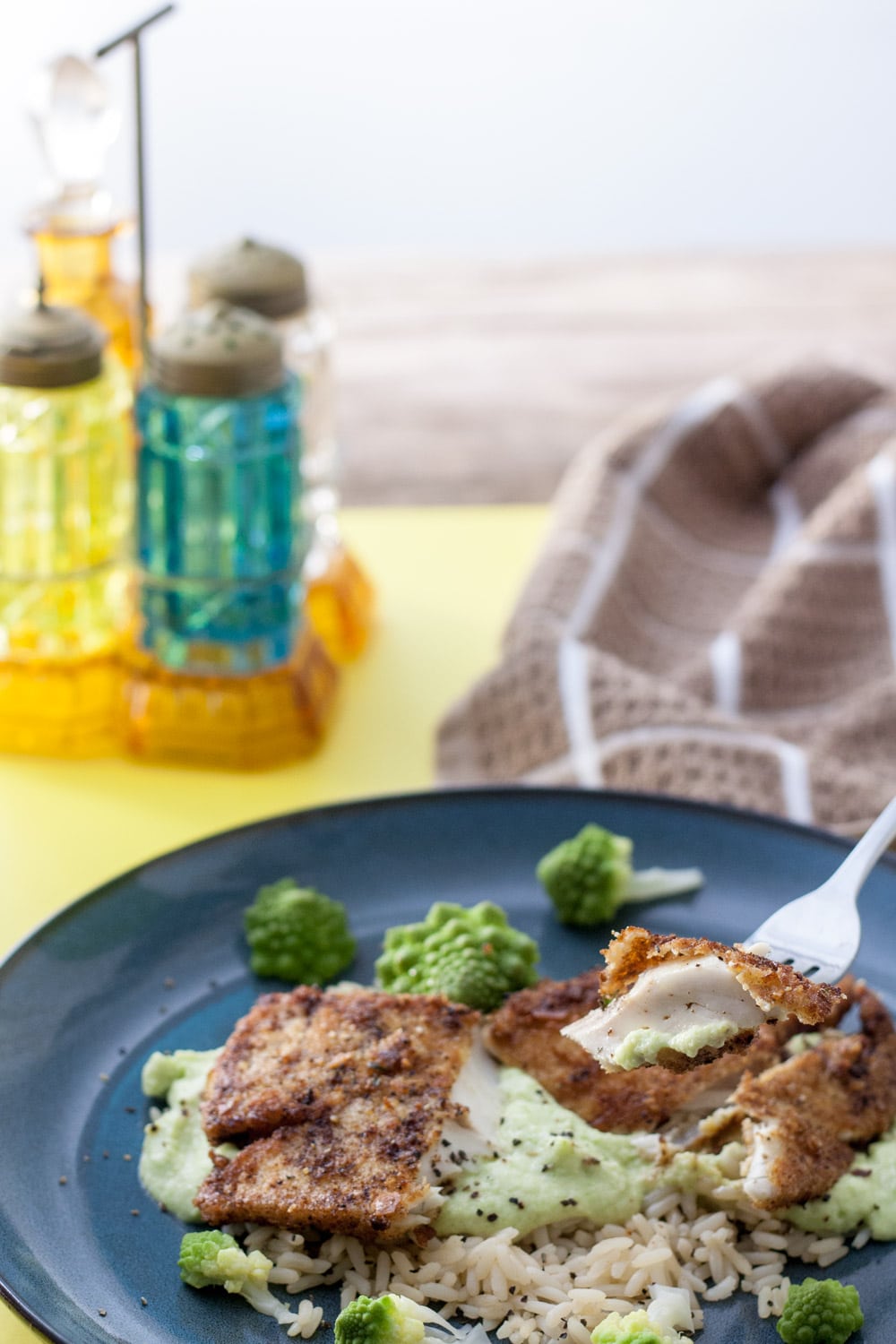 pike and romanesco puree on fork