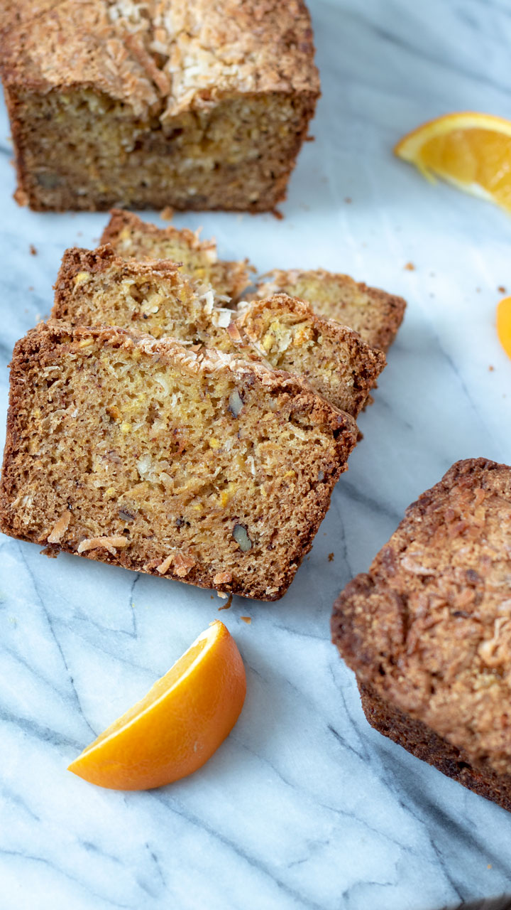 Close up of inside of coconut quick bread.