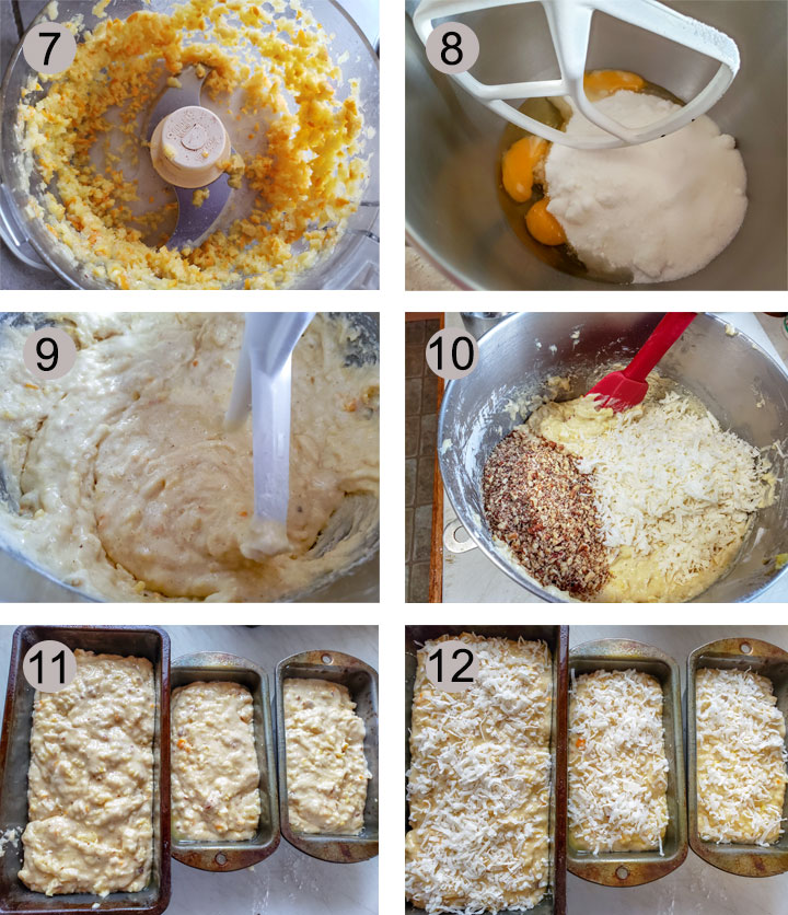 Orange chopped in food processor. Eggs and sugar in mixing bowl. Creamed sugar. Pineapple and orange added to wet ingredients.