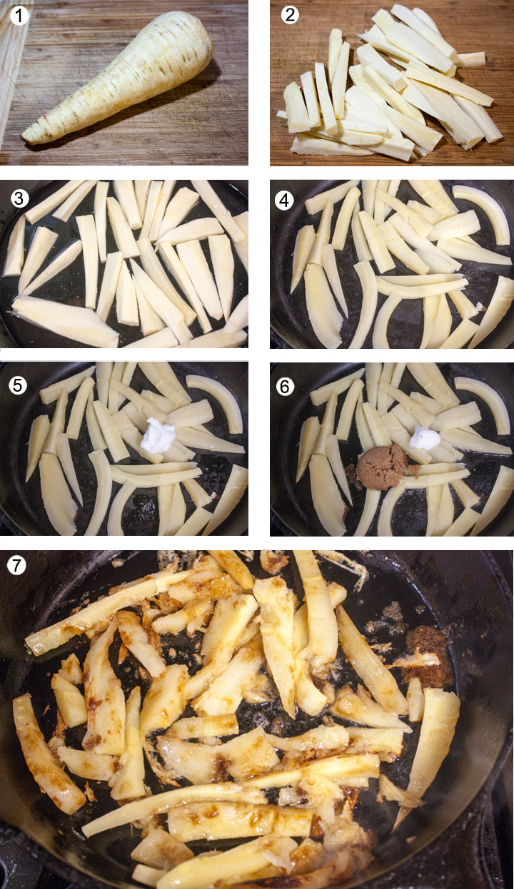 Whole parsnip on cutting board. peeled julienned parsnip. Parsnip in pot with a little water. Drained, blanched parsnips. Coconut oil added to pan.